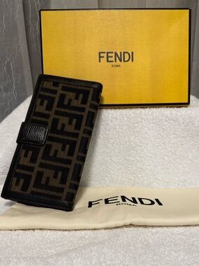 Fendi Signature FF Logo Black Textured Leather, Dark Brown Trifold Long Wallet